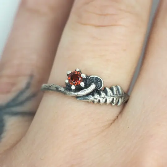 mushroom fern ring tiny with gemstone