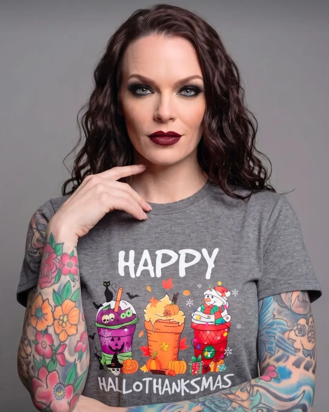 Happy Hallothanksmas Holiday Graphic Tee Charcoal Grey Festive Top L New