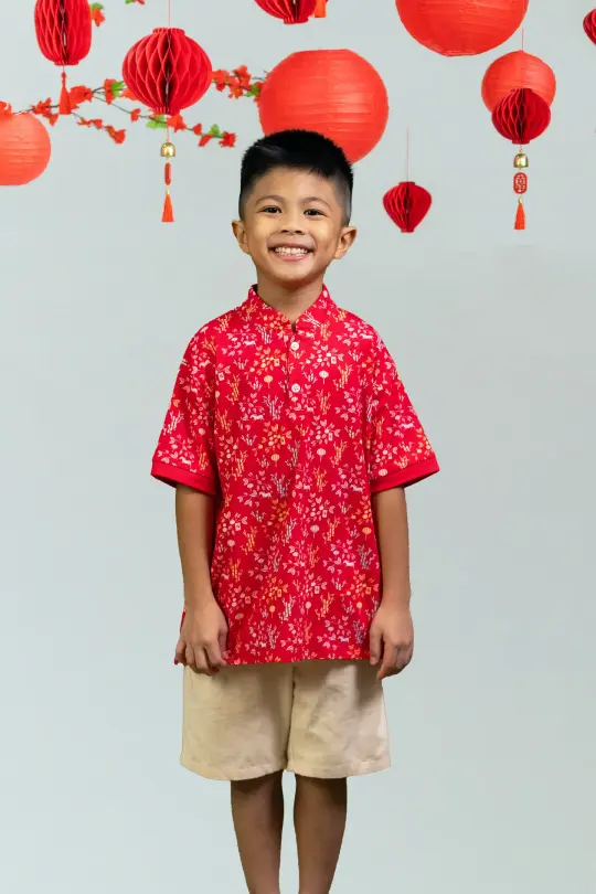 Mandarin-collared Polo Tee - Red Floral Bamboo