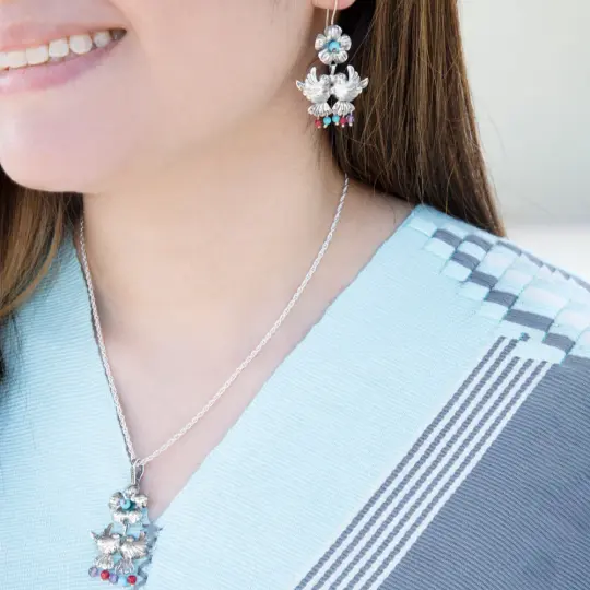 Sterling Silver Pajaritos con Flores Mazahua Earrings & Pendant Set