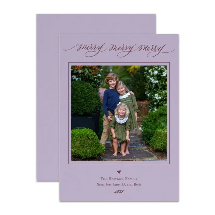 "Merry Merry Merry" Portrait Lavender with Burgundy Foil Printed Photo Attached Holiday Card