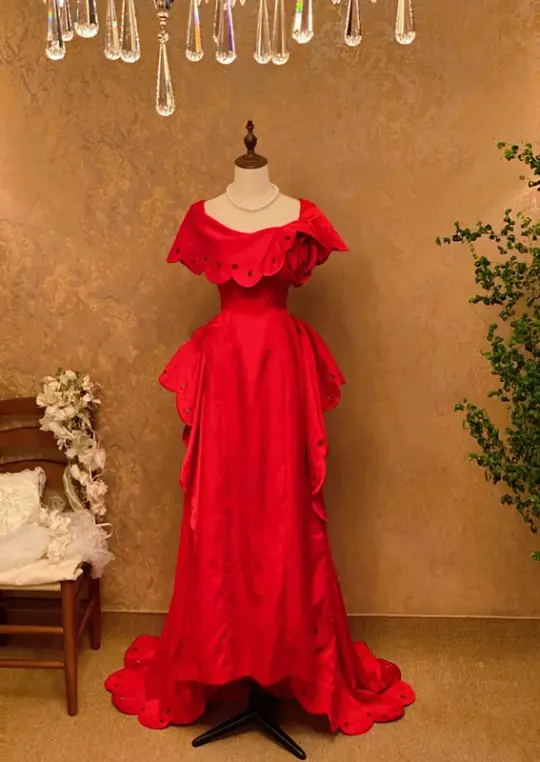 Red Vintage Waist-Cinched Floor-Length Ball Gown, Bridal Gown R7355
