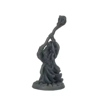 Unpainted 32mm 3D-printed hooded wizard leaning into a tall gnarled staff with a long beard — tabletop RPG miniature for D&D, Pathfinder & wargaming