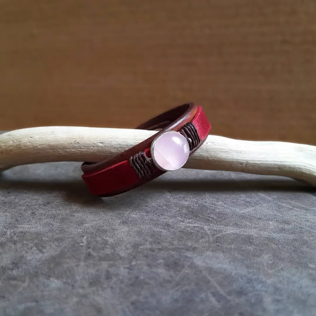 OOAK Rose Quartz Love Bracelet | Red Leather & Silver