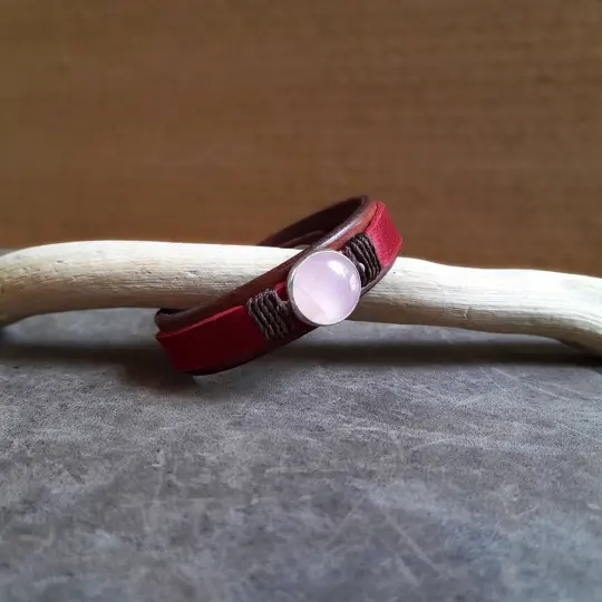OOAK Rose Quartz Love Bracelet | Red Leather & Silver