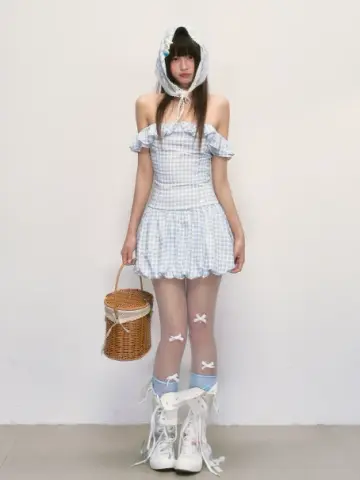 Blue Gingham Off-Shoulder Mini Dress with Ruffled Neckline, Smocked Back, Bubble Hem R9253