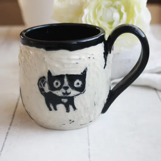 SALE Whimsical Black Cat Sgraffito Mug, 12 oz., Made in USA