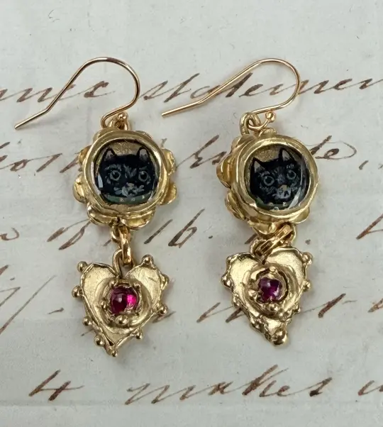 Sweet Black Cat and Heart Earrings