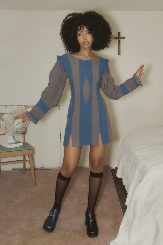 Bishop Sleeve Mini Dress Charcoal/Navy