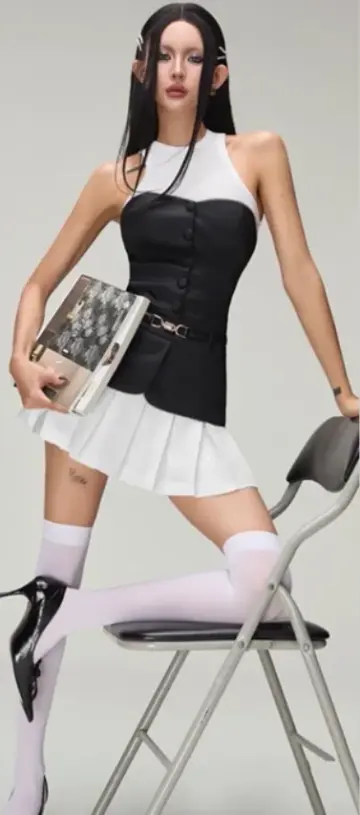 Black and white sleeveless slim waist sexy hot girl pleated skirt short homecoming dress R4684