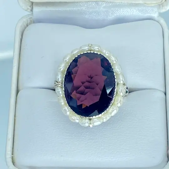 Amethyst Ring, Size 8.5, Pearl Accent Silver Filigree, Victorian Jewelry #D3 - Ready to Ship