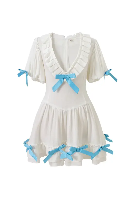 Bo Peep Dress Soft Linen White/Blue