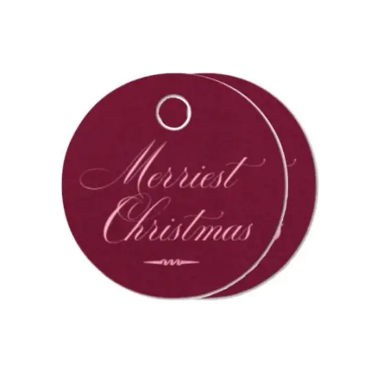 "Merriest Christmas" Circular Wine Card Stock with Pink Foil Printed Holiday Gift Tag