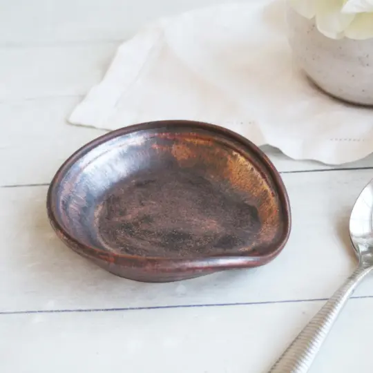 Handcrafted Medium Spoon Rest in Rustic Metallic Copper Glaze, Made in USA