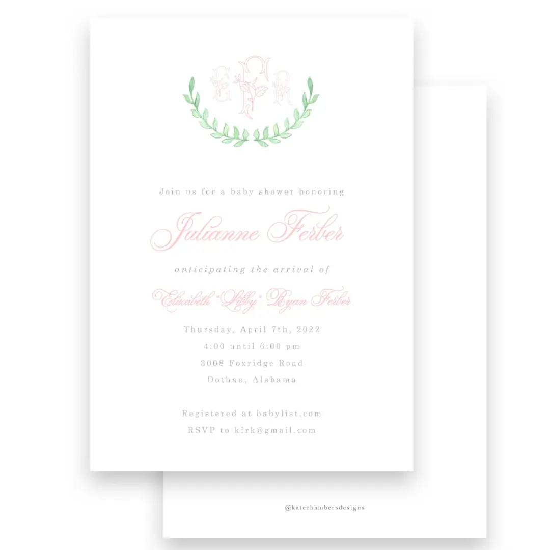 Green Watercolor Half Laurel Wreath Girls Baby Shower Invitation