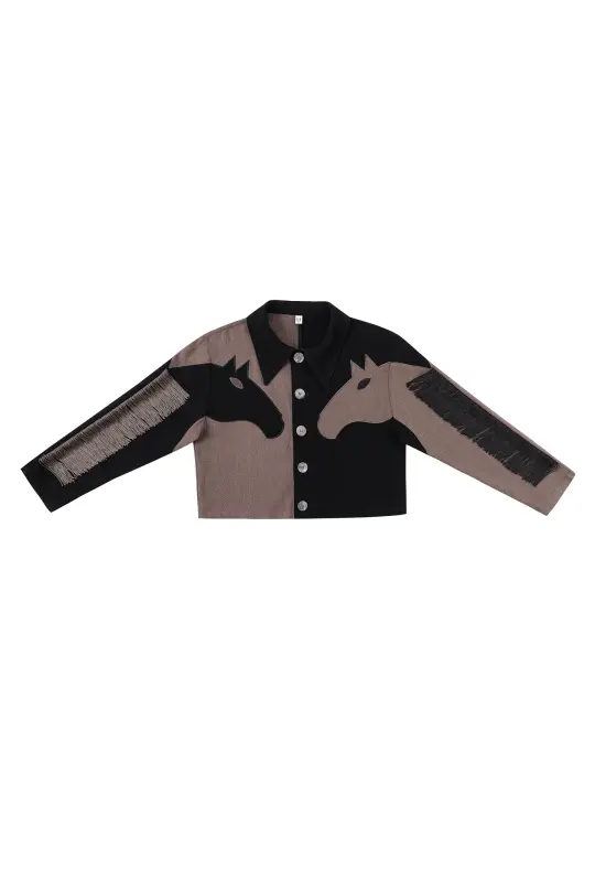 2 left - Dueling Horses Linen Crop Jacket Black/Brown