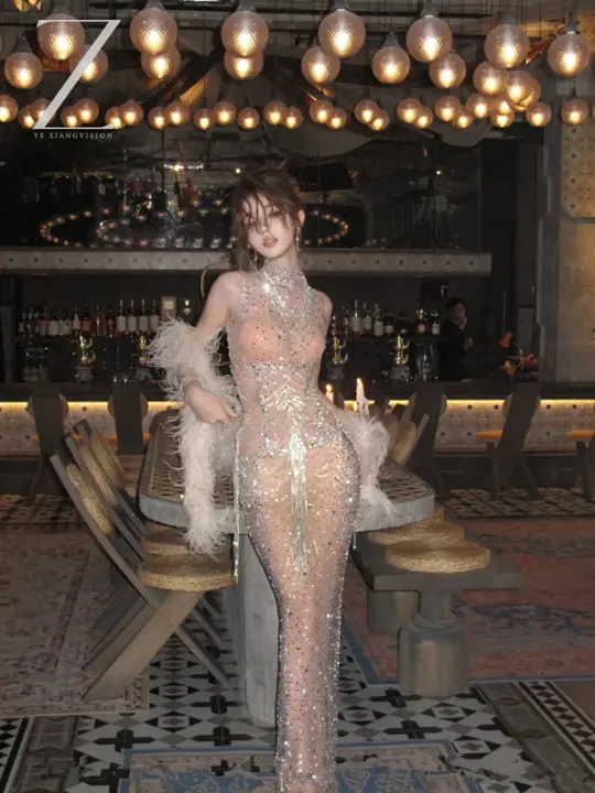 White rhinestone-embellished nude-colored fitted long ball gown R7061