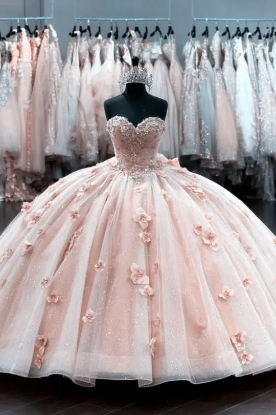 Romantic Floral Pink Ball Gown Strapless Dress with Tulle and Applique Birthday Dress Quinceanera Dress RS032