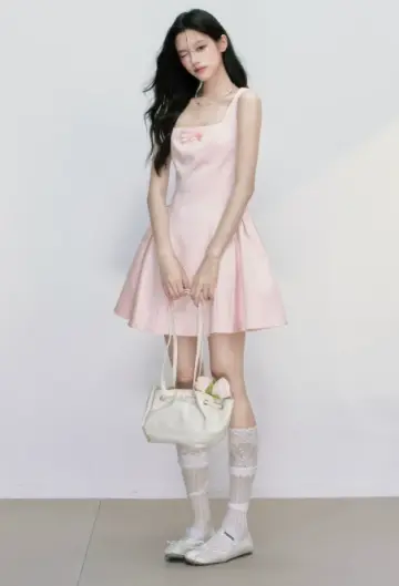 Pink French Hepburn Style Mini Dress Women With Square Neck And Bow Detail R9413