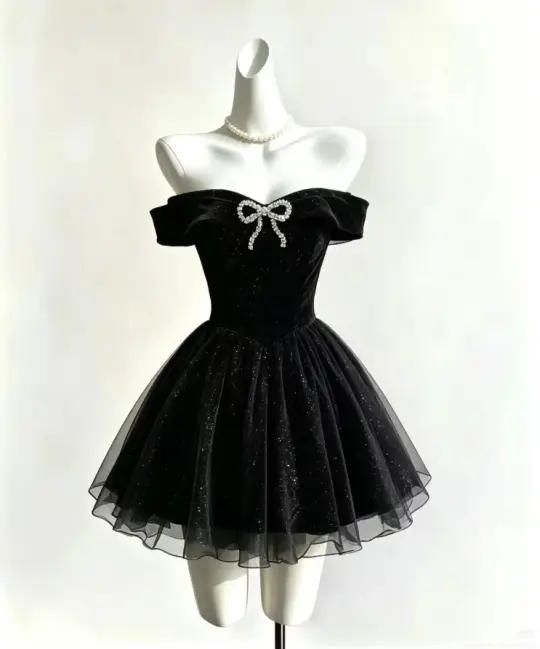 Tulle Hazy Corset Homecoming Dress , Sparkly Black Short Prom Dress RS2127