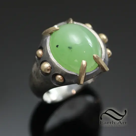 Siberian Jade Rustic Silver and Gold Signet