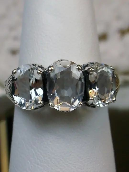 Natural White Topaz Ring, Size 8.5, 3-Gem | Vintage Style Jewelry #D41 - Ready to Ship