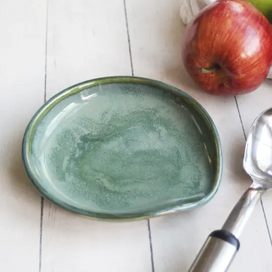 Large Stoneware Spoon Rest in Textured Green Glaze Handmade in USA