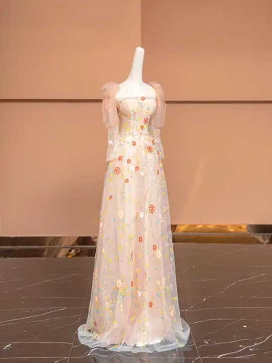 Light pink fitted floral print long ball gown, bridal dress R8493