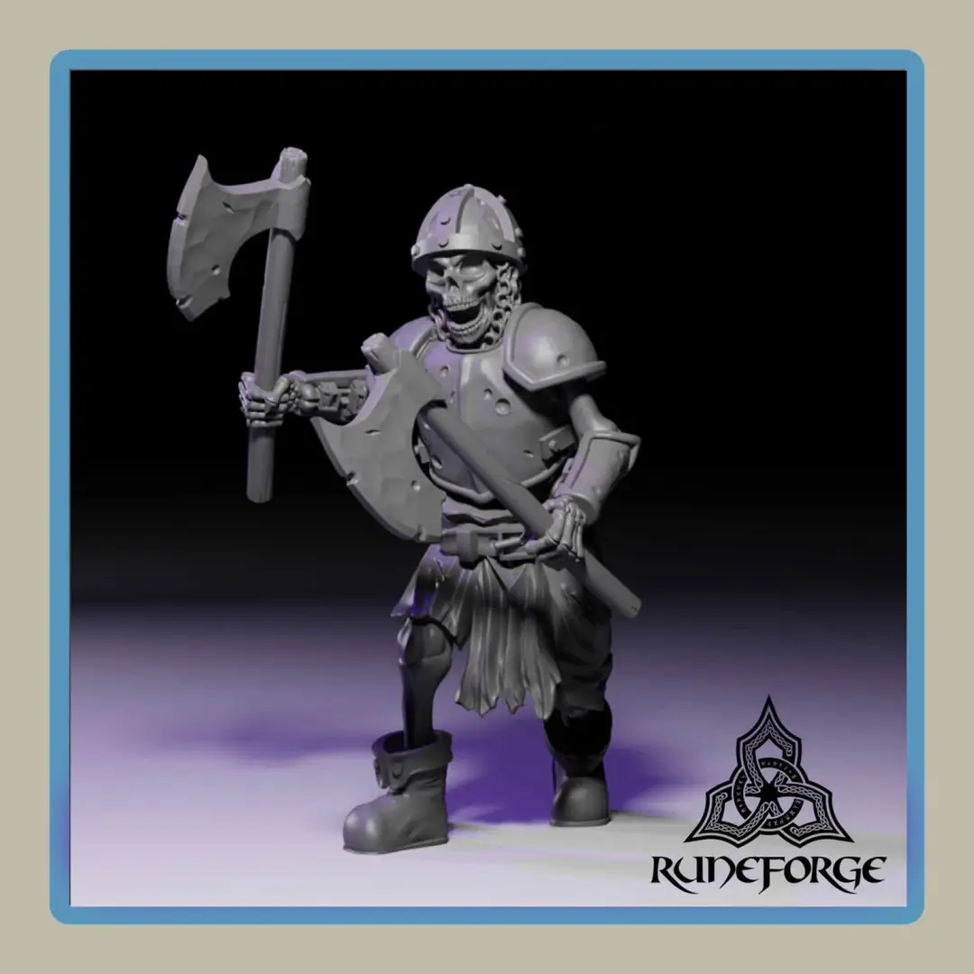 render of 28mm miniature undead armored skeleton with two axes