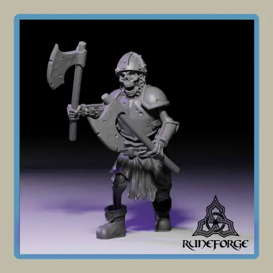 render of 28mm miniature undead armored skeleton with two axes