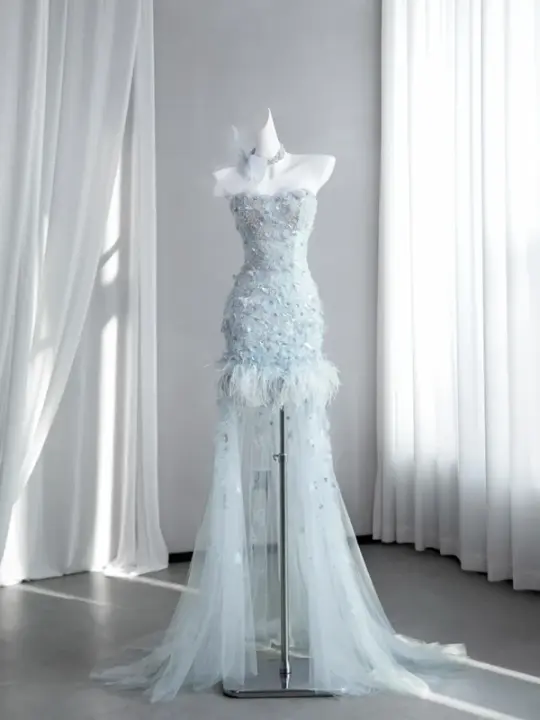 Light blue strapless, fitted, bodycon, sexy short ball gown/bridal dress R8428