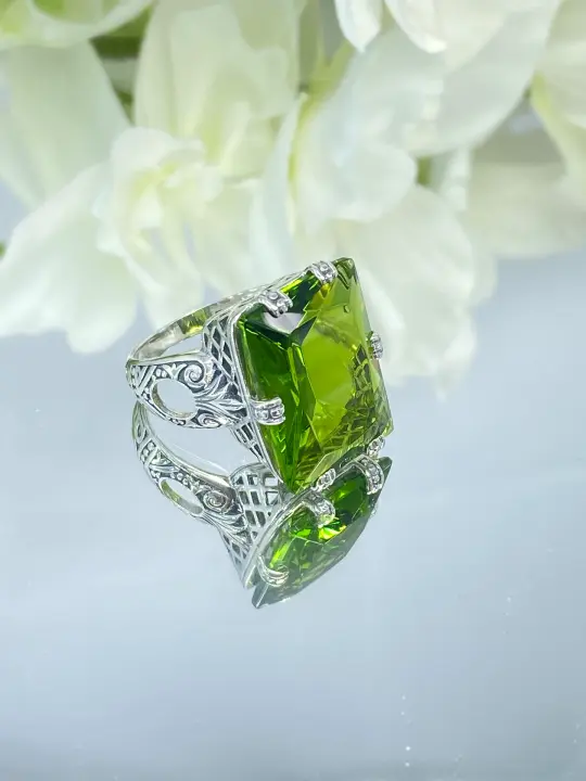 Peridot Ring, Size 10, Rectangle 30ct Gem, Art Deco 6 Prong Design#D104 - Ready to Ship