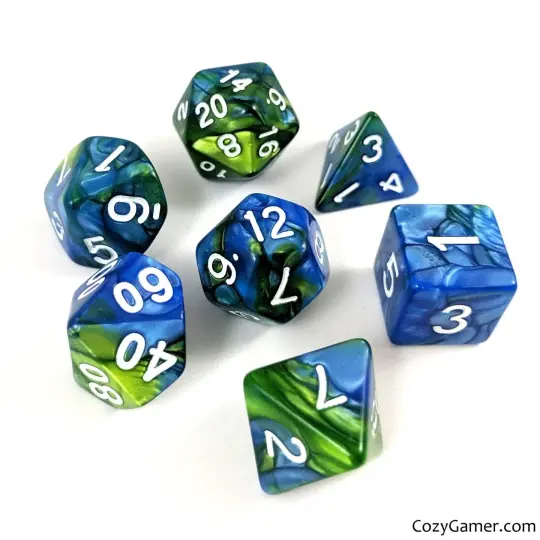 Blue Planet Dice Set – 7-Piece Pearly Blue Green DnD Dice White Numbers