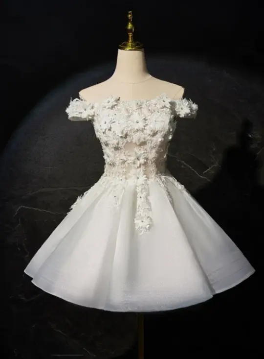 Charming White Homecoming Dress ,A-Line Off-the-shoulder Applique Corset Short Prom Dress RS1001
