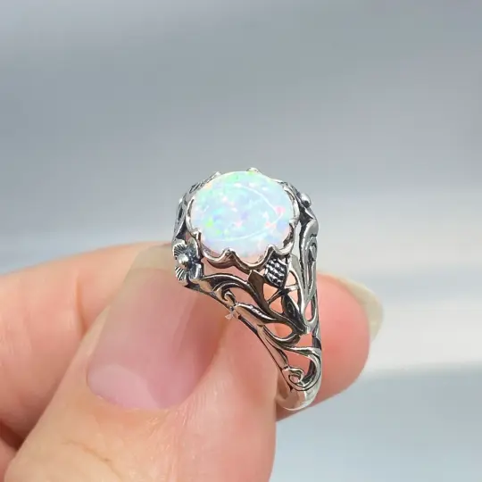 Opal Ring, Size 6, Sterling Silver Daisy Filigree, Victorian Jewelry #D66 - Ready to Ship
