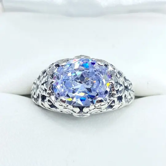 White CZ Ring, Size 5.5, Sterling Silver Ivy Leaf Filigree Jewelry #D57 - Ready to ship