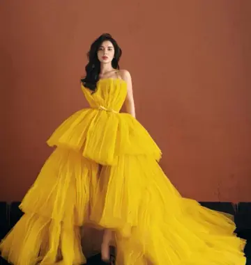 Yellow Tulle Frilled Corset Prom Gown , Vibrant Women's Maxi Evening Dress Ball Gown RS2219
