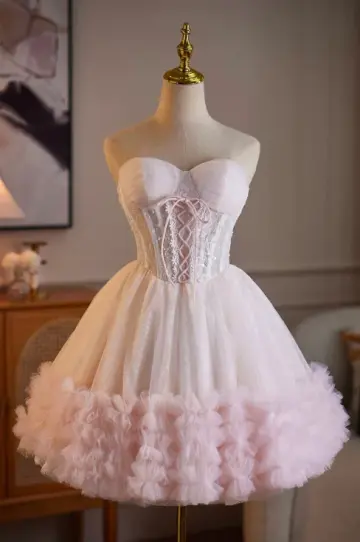 Cute Blush Pink Ruffled A-Line Strapless Bodycon Mini Birthday Dress Homecoming Dress RS364