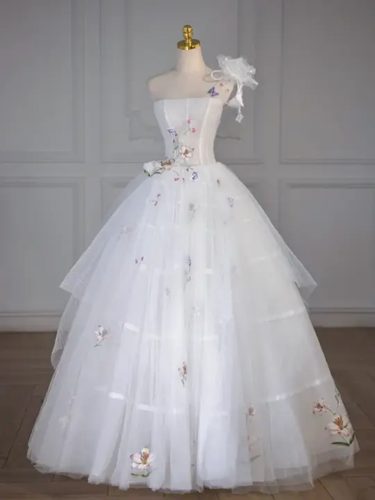 White tube top herringbone top flower puffy skirt long dress bridal dress R5858