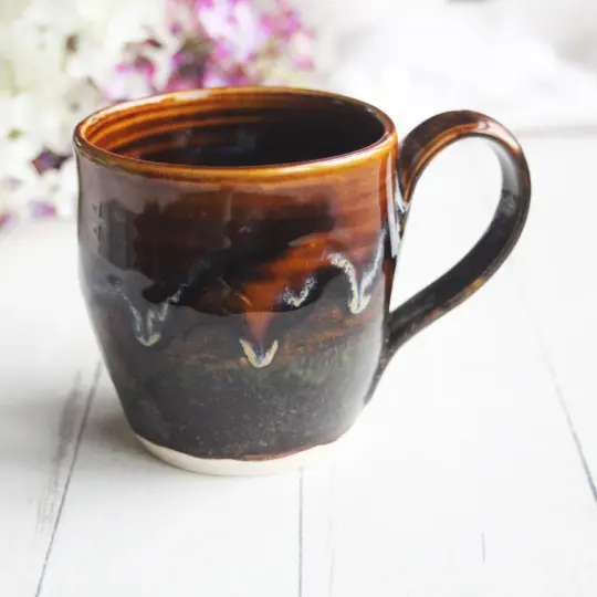 Amber Brown, and Matte Black Pottery Mug, 12 oz. Handcrafted Coffee Cup, Made in USA
