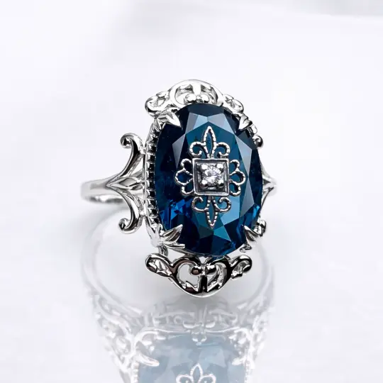 London Blue Ring, Size 7, Sterling Silver Embellishment, Gothic Jewelry #D84e - Ready to Ship