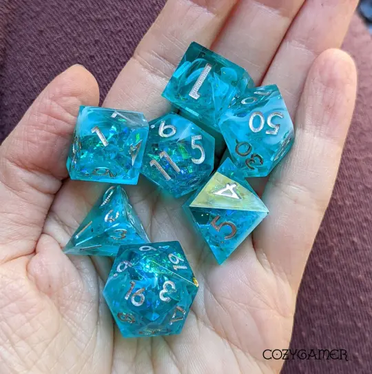 Glacial Dice Set – Blue Sharp Edge with Wispy White Clouds & Holographic Glitter