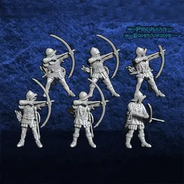Unpainted 28mm 3D-printed English longbowmen drawing warbows, 6 miniatures — tabletop miniatures for historical wargaming, D&D & Pathfinder