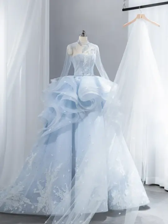 Light blue fitted waist elegant full skirt long ball gown R8436