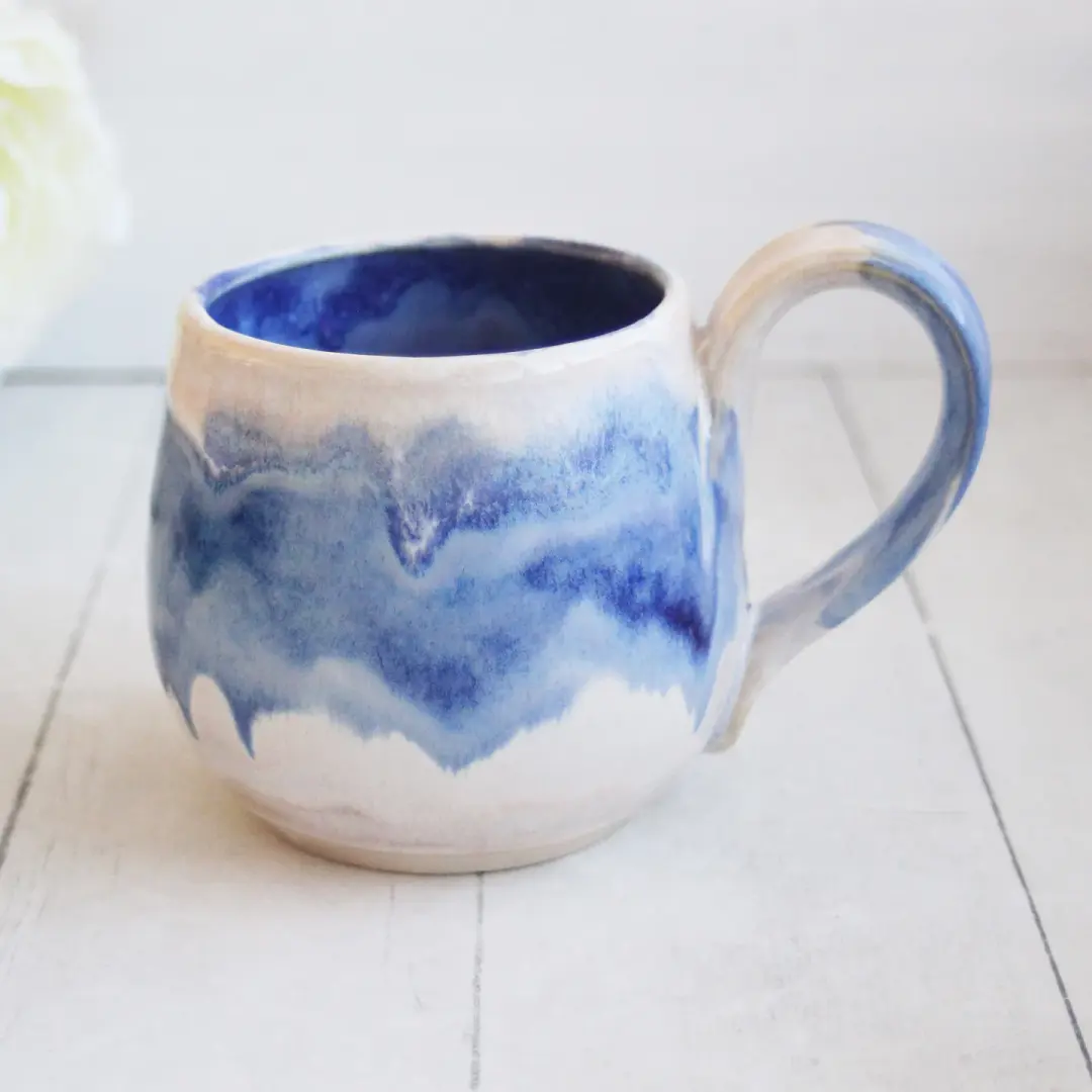 Handmade Pottery Mug with Dripping Blue and White Glazes, 14 Ounce Coffee Cup
