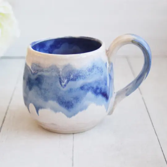 Handmade Pottery Mug with Dripping Blue and White Glazes, 14 Ounce Coffee Cup
