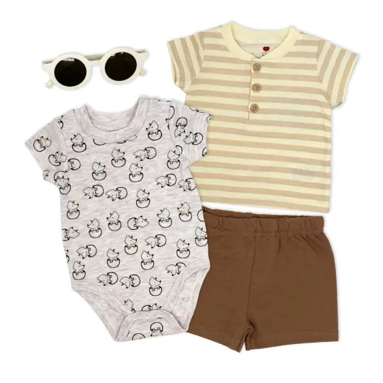 Mini Hop Baby Boys 4 Piece Hatching Dino Bodysuit, Polo Shirt, Shorts and Sunglasses Set, 18M