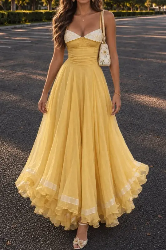 Vibrant Chiffon Flowy Prom Gown Yellow Women's Corset Maxi Evening Dress Casual Dress RS2891