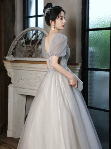 Glitter Sliver Sequins Prom Dress for Women,A-Line V-neck Puff Sleeves Maxi Evening Dress RS1036