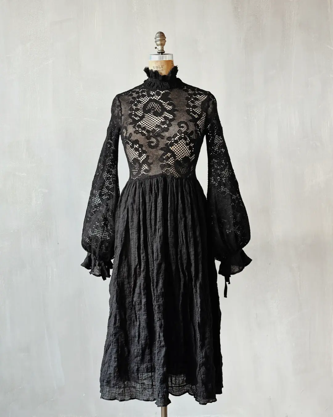 "Edith" Lace High Collar Dress in Black